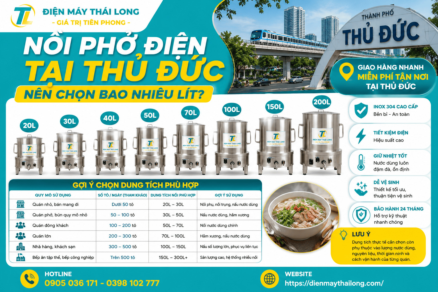 Dung tích nồi phở điện phổ biến