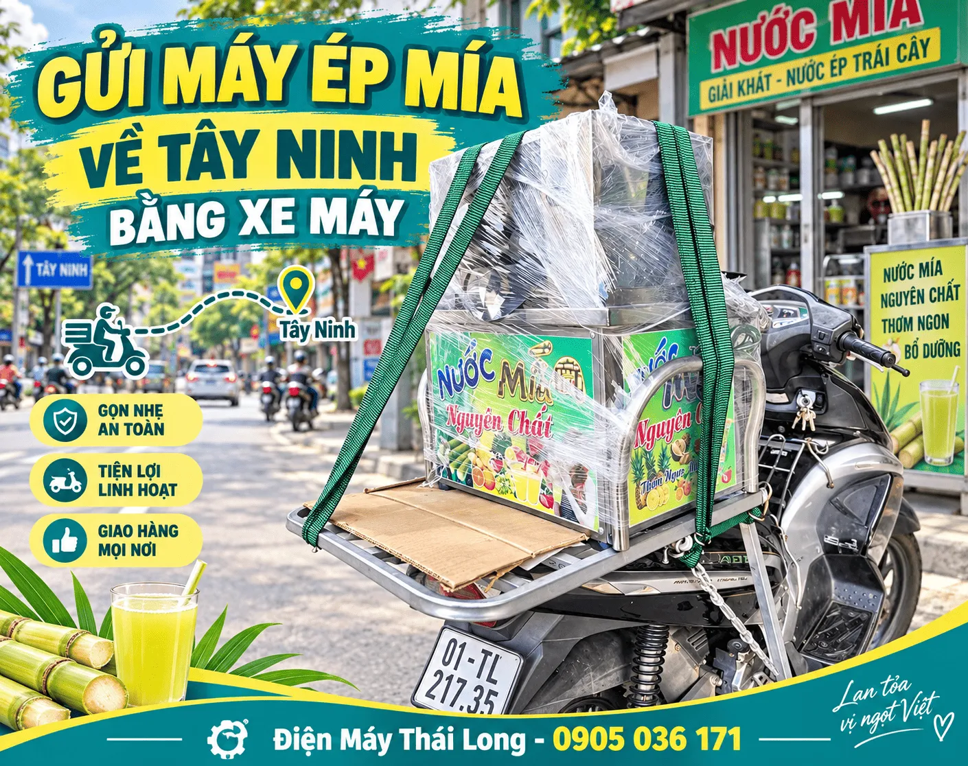 Giao máy ép mía đi Tây Ninh bằng xe máy