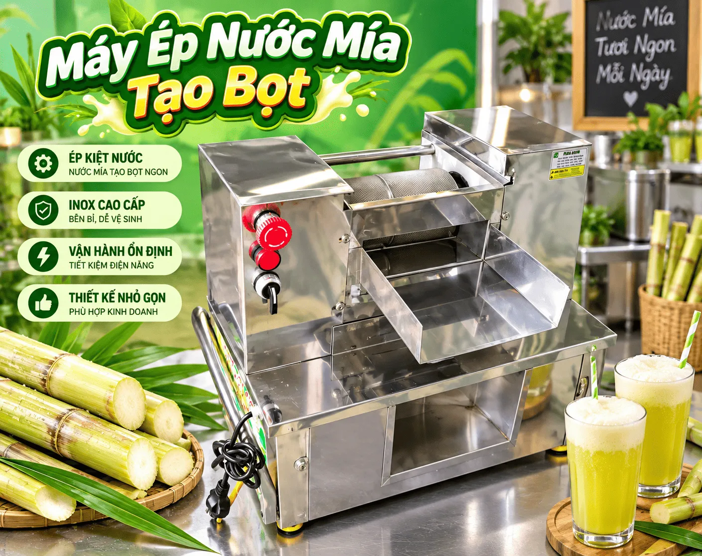 Máy ép nước mía tạo bọt 2 rulo