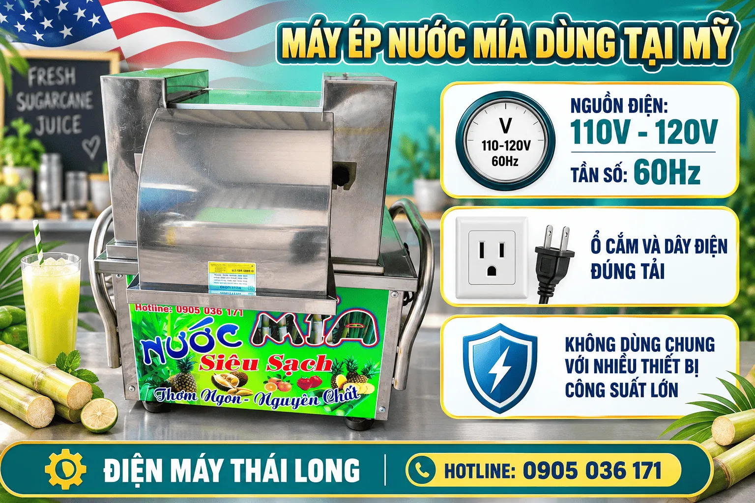 Máy ép nước mía sử dụng điện 110V tại Mỹ