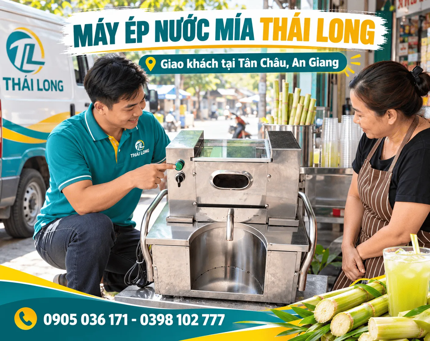 Máy ép nước mía giao khách Tân Chân An Giang
