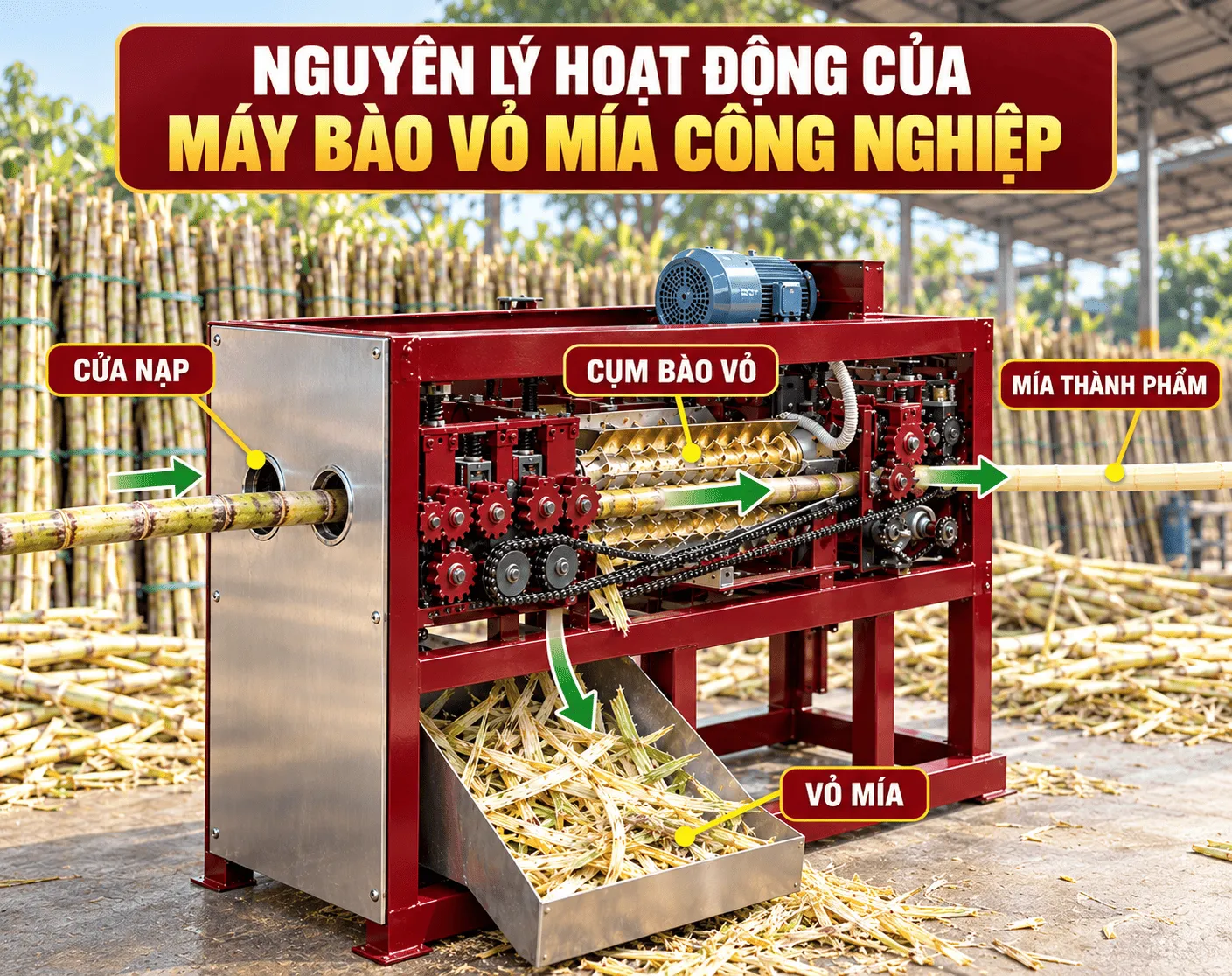 Nguyên lý hoạt động của máy bào vỏ mía công nghiệp
