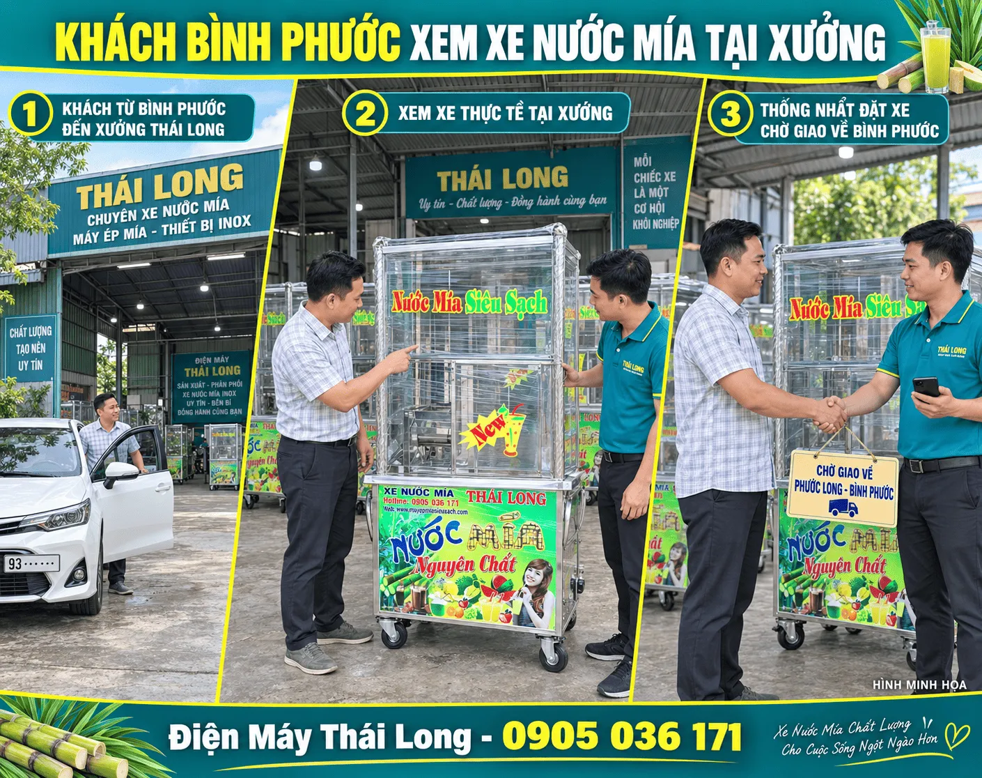 Khách hàng ghé xưởng chốt xe nước mía mua về Bình Phước