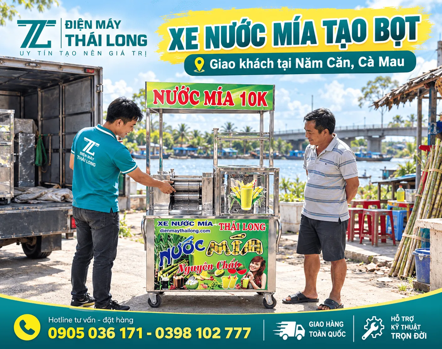 Xe nước mía tạo bọt giao khách ở Năm Căn Cà Mau
