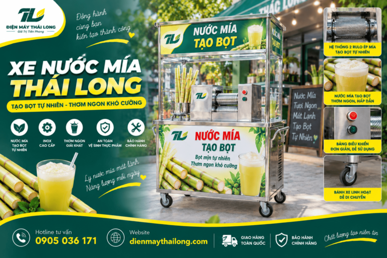 Xe Nước Mía Tạo Bọt | 2 Rulo Ép Inox 304